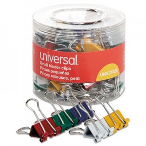Universal Binder Clips in Dispenser Tub, Small, Assorted Colors, 40/Pack UNV31028