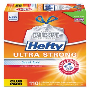 Hefty Ultra Strong Tall Kitchen and Trash Bags, 13 gal, 0.9 mil, 23.75" x 24.88", White, 110