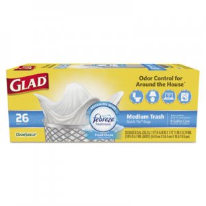 Glad OdorShield Medium, Quick-Tie Trash Bags, 8 gal, .57 mil, White, 26/Box CLO78815BX 78815