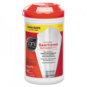 Sani Professional No-Rinse Sanitizing Multi-Surface Wipes, White, 175/Container, 6/Carton NICP66784 P66784