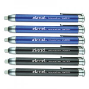 Universal Pen-Style Retractable Eraser, White Thermo-Plastic Rubber Eraser, Assorted Barrel Colors, 6/Pack UNV55106