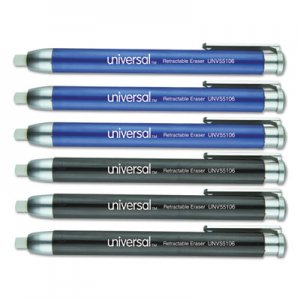 Universal Pen-Style Retractable Eraser, White Thermo-Plastic Rubber Eraser, Assorted Barrel Colors, 6/Pack UNV55106