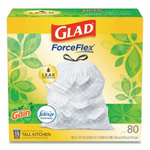 Glad OdorShield Tall Kitchen Drawstring Bags, 13 gal, 0.95 mil, 24" x 27.38", White, 80/Box CLO78900BX 78900
