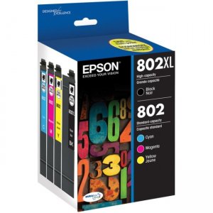 Epson Black High-capacity and Color Standard-capacity Ink Cartridges, C/M/Y/K 4-Pack T802XL-BCS 802XL