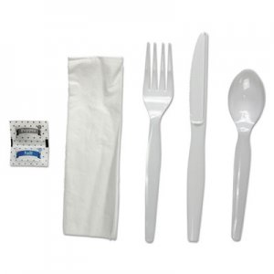 Boardwalk Six-Piece Cutlery Kit, Condiment/Fork/Knife/Napkin/Spoon, Heavyweight, White, 250/Carton BWKFKTNSHWPSWH