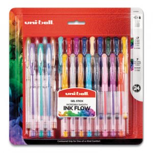 Uni-Ball Stick Gel Pen, 17 Micro; 7 Med, Assorted Ink, Clear Barrel, 24/Set UBC2004056 2004056
