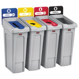 Rubbermaid Commercial Slim Jim Recycling Station Kit, 92 gal, 4-Stream Landfill/Paper/Plastic/Cans RCP2007919 2007919