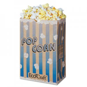 Bagcraft EcoCraft Grease-Resistant Popcorn Bags, 85 oz, 2-ply, 3.25" x 8.63", Blue Stripe/Natural, 500/Carton