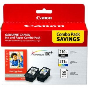 Canon Combo Ink Pack with Photo Paper Glossy (50 Sheets, 4''x6'') - Refurbished 2973B004 PG-210/CL-211 XL