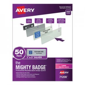 Avery The Mighty Badge Name Badge Holder Kit, Horizontal, 3 x 1, Laser, Silver, 50 Holders/120 Inserts AVE71208 71208