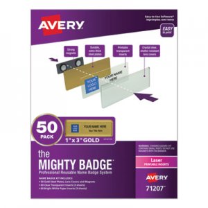 Avery The Mighty Badge Name Badge Holder Kit, Horizontal, 3 x 1, Laser, Gold, 50 Holders/120 Inserts AVE71207 71207