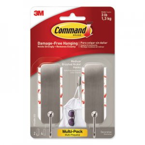 Command Decorative Hooks, Medium, Brushed Nickel, 2 Hook and 4 Strips/Pack MMM17034BN2ES 17034BN2-ES