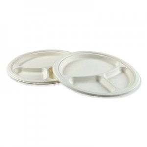 Boardwalk Bagasse Molded Fiber Dinnerware, 3-Compartment Plate, 10" Diameter, White, 500/Carton BWKPLATEWF3CM10 PL-11BW