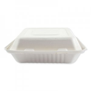 Boardwalk Bagasse Molded Fiber Food Containers, Hinged-Lid, 3-Compartment 9 x 9 x 3.19, White, 100/Sleeve, 2