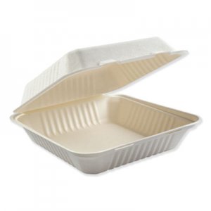 Boardwalk Bagasse Molded Fiber Food Containers, Hinged-Lid, 1-Compartment 9 x 9 x 3.19, White, 100/Sleeve, 2