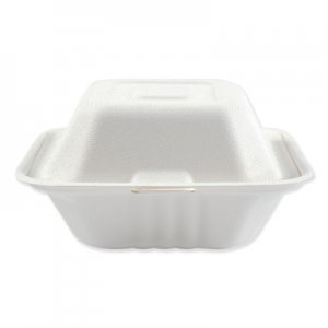 Boardwalk Bagasse Molded Fiber Food Containers, Hinged-Lid, 1-Compartment 6 x 6 x 3.19, White, 125/Sleeve, 4