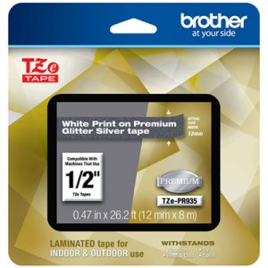 Brother TZe Premium Laminated Tape, 0.47" x 26.2 ft, White on Silver BRTTZEPR935 TZEPR935