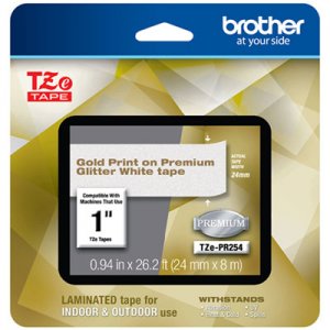 Brother TZe Premium Laminated Tape, 0.94" x 26.2 ft, Gold on White BRTTZEPR254 TZEPR254