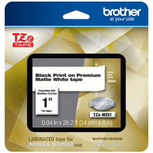 Brother TZe Premium Laminated Tape, 0.94" x 26.2 ft, Black on White BRTTZEM251 TZEM251