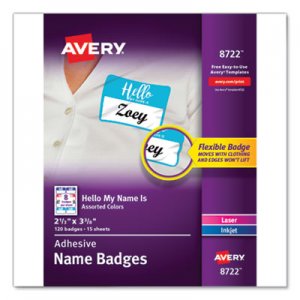 Avery Flexible Adhesive Name Badge Labels, "Hello", 3 3/8 x 2 1/3, Assorted, 120/PK AVE8722 08722