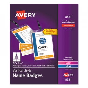 Avery Lanyard-Style Badge Holder w/Laser/Inkjet Inserts, Top Load, 4.25 x 6, WE, 75/PK AVE8521 08521