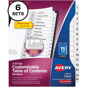 Avery Avery Ready Index 15 Tab Dividers, Customizable TOC, 6 Sets 11825 AVE11825