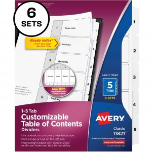 Avery Avery Ready Index 5 Tab Dividers, Customizable TOC, 6 Sets 11821 AVE11821 11-821