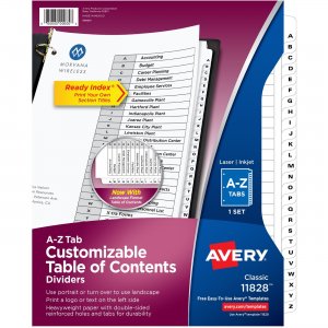 Avery Avery Ready Index A-Z 26 Tab Dividers, Customizable TOC, 1 Set 11828 AVE11828