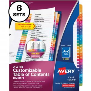 Avery Ready Index A-Z 26 Tab Dividers, Customizable TOC, 6 Sets 11832 AVE11832