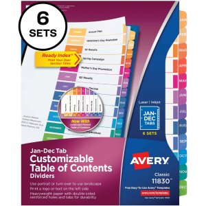 Avery Avery Ready Index 12 Tab Dividers, Customizable TOC, 6 Sets 11830 AVE11830