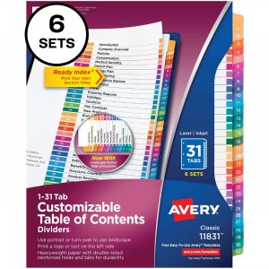 Avery Avery Ready Index 31 Tab Dividers, Customizable TOC, 6 Sets 11831 AVE11831