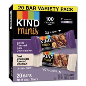 KIND Minis, Salted Caramel and Dark Chocolate Nut/Dark Chocolate Almond and Coconut, 0.7 oz, 20/Pack KND27970 27970