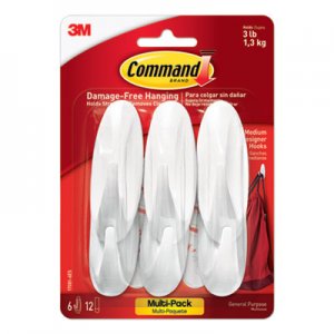 Command Designer Hooks, Plastic, White, 3 lb Cap, 6 Hooks and 12 Strips/Pack MMM170816ES 170816ES