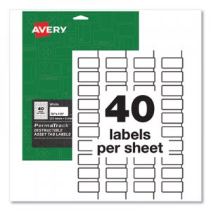 Avery PermaTrack Destructible Asset Tag Labels, Laser Printers, 0.75 x 1.5, White, 40/Sheet, 8 Sheets/Pack AVE60529