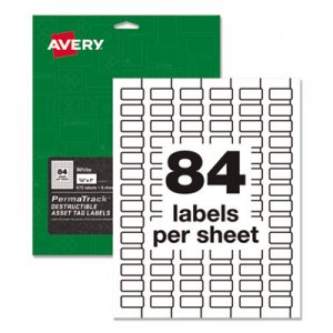 Avery PermaTrack Destructible Asset Tag Labels, Laser Printers, 0.5 x 1, White, 84/Sheet, 8 Sheets/Pack AVE60535 60535