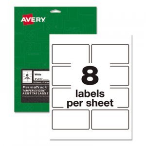 Avery PermaTrack Tamper-Evident Asset Tag Labels, Laser Printers, 2 x 3.75, White, 8/Sheet, 8 Sheets/Pack AVE60538