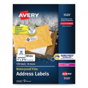 Avery Waterproof Address Labels with TrueBlock and Sure Feed, Laser Printers, 1 x 2.63, White, 30/Sheet, 50 Sheets