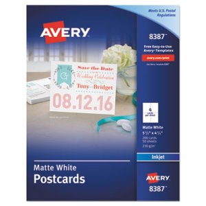 Avery Postcards for Inkjet Printers, 4 1/4 x 5 1/2, Matte White, 4/Sheet, 200/Box AVE8387 08387