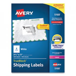 Avery Shipping Labels w/ TrueBlock Technology, Laser Printers, 3.5 x 5, White, 4/Sheet, 100 Sheets/Box AVE5168 05168