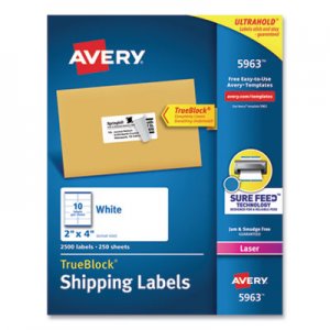 Avery Shipping Labels w/ TrueBlock Technology, Laser Printers, 2 x 4, White, 10/Sheet, 250 Sheets/Box AVE5963 05963