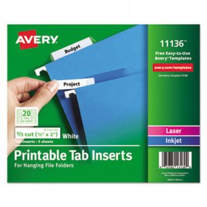 Avery Tabs Inserts For Hanging File Folders, 1/5-Cut Tabs, White, 2" Wide, 100/Pack AVE11136 11136