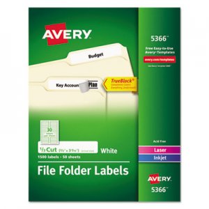 Avery Permanent TrueBlock File Folder Labels with Sure Feed Technology, 0.66 x 3.44, White, 30/Sheet, 50 Sheets