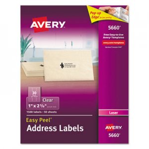 Avery Matte Clear Easy Peel Mailing Labels w/ Sure Feed Technology, Laser Printers, 1 x 2.63, Clear, 30/Sheet