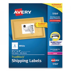 Avery Shipping Labels w/ TrueBlock Technology, Laser Printers, 3.33 x 4, White, 6/Sheet, 100 Sheets/Box AVE5164 05164