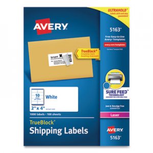Avery Shipping Labels w/ TrueBlock Technology, Laser Printers, 2 x 4, White, 10/Sheet, 100 Sheets/Box AVE5163 05163