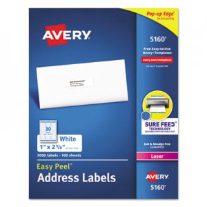 Avery Easy Peel White Address Labels w/ Sure Feed Technology, Laser Printers, 1 x 2.63, White, 30/Sheet, 100