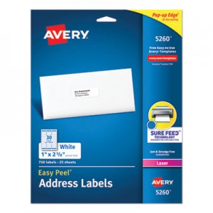 Avery Easy Peel White Address Labels w/ Sure Feed Technology, Laser Printers, 1 x 2.63, White, 30/Sheet, 25
