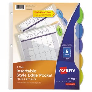Avery Insertable Style Edge Tab Plastic 1-Pocket Dividers, 5-Tab, 11.25 x 9.25, Translucent AVE11292 11292