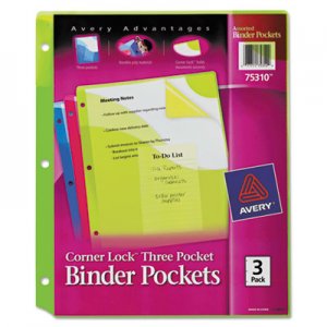 Avery Corner Lock Three-Pocket Binder Pocket, 11 1/4 x 9 1/4, Assorted Color, 3/Pack AVE75310 75310