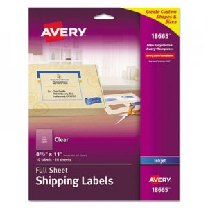 Avery Matte Clear Shipping Labels, Inkjet Printers, 8.5 x 11, Clear, 10/Pack AVE18665 18665
